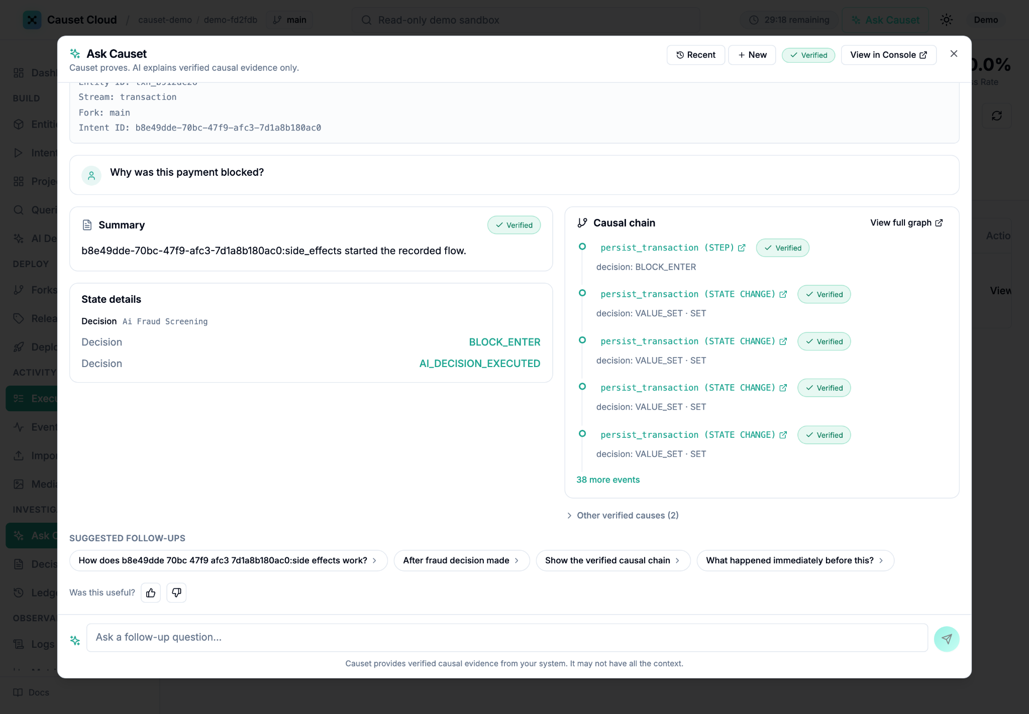 Ask Causet answering why a payment was blocked with verified causal evidence