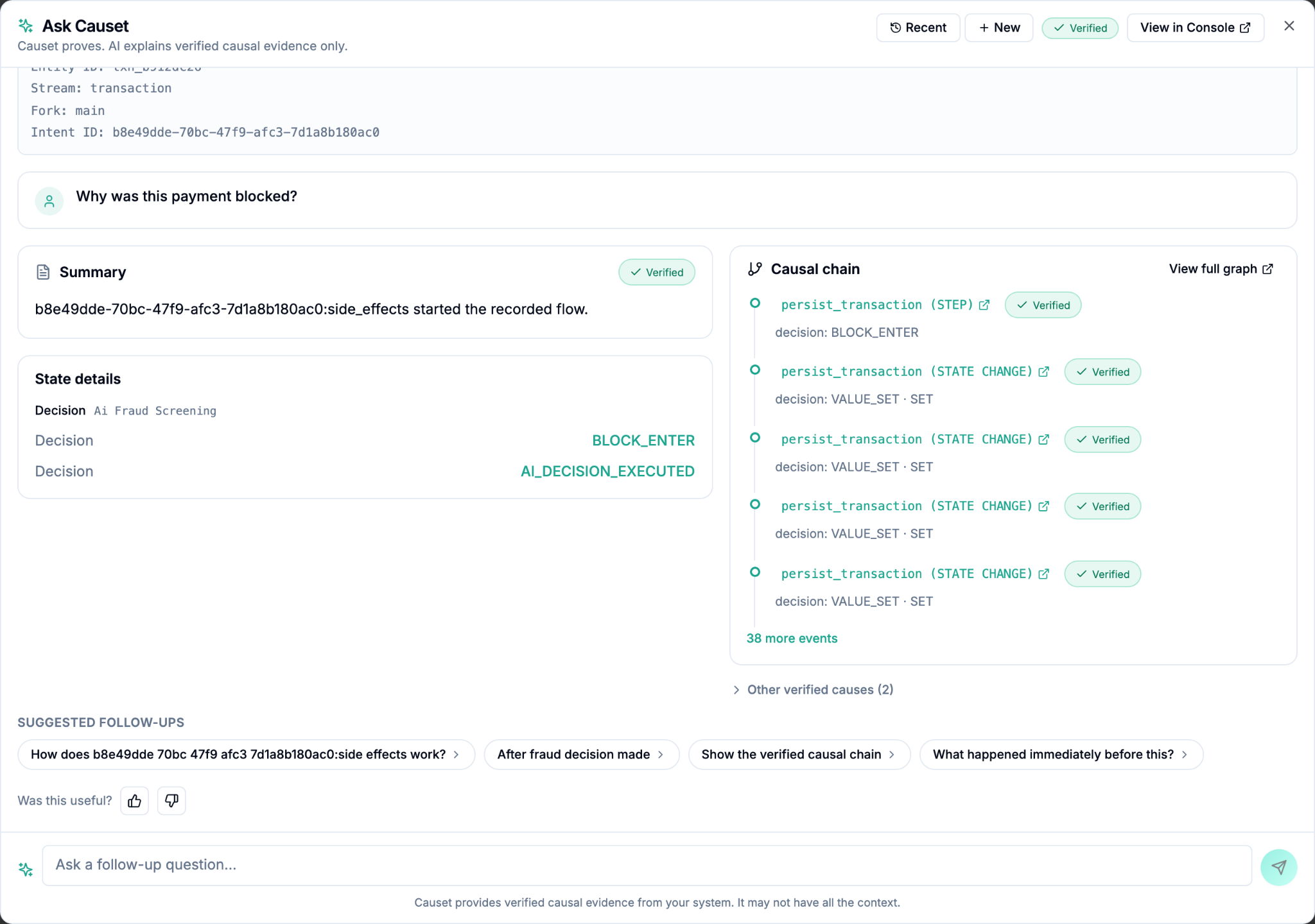 Ask Causet answering why a payment was blocked with a verified summary, state details, and causal chain